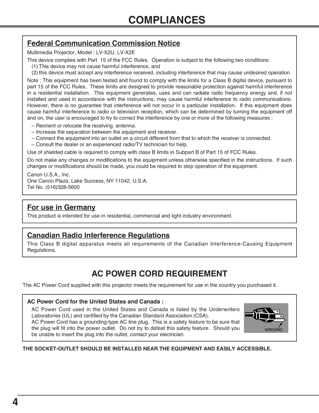 Canon LV-X2 owner manual Compliances, Federal Communication Commission Notice 