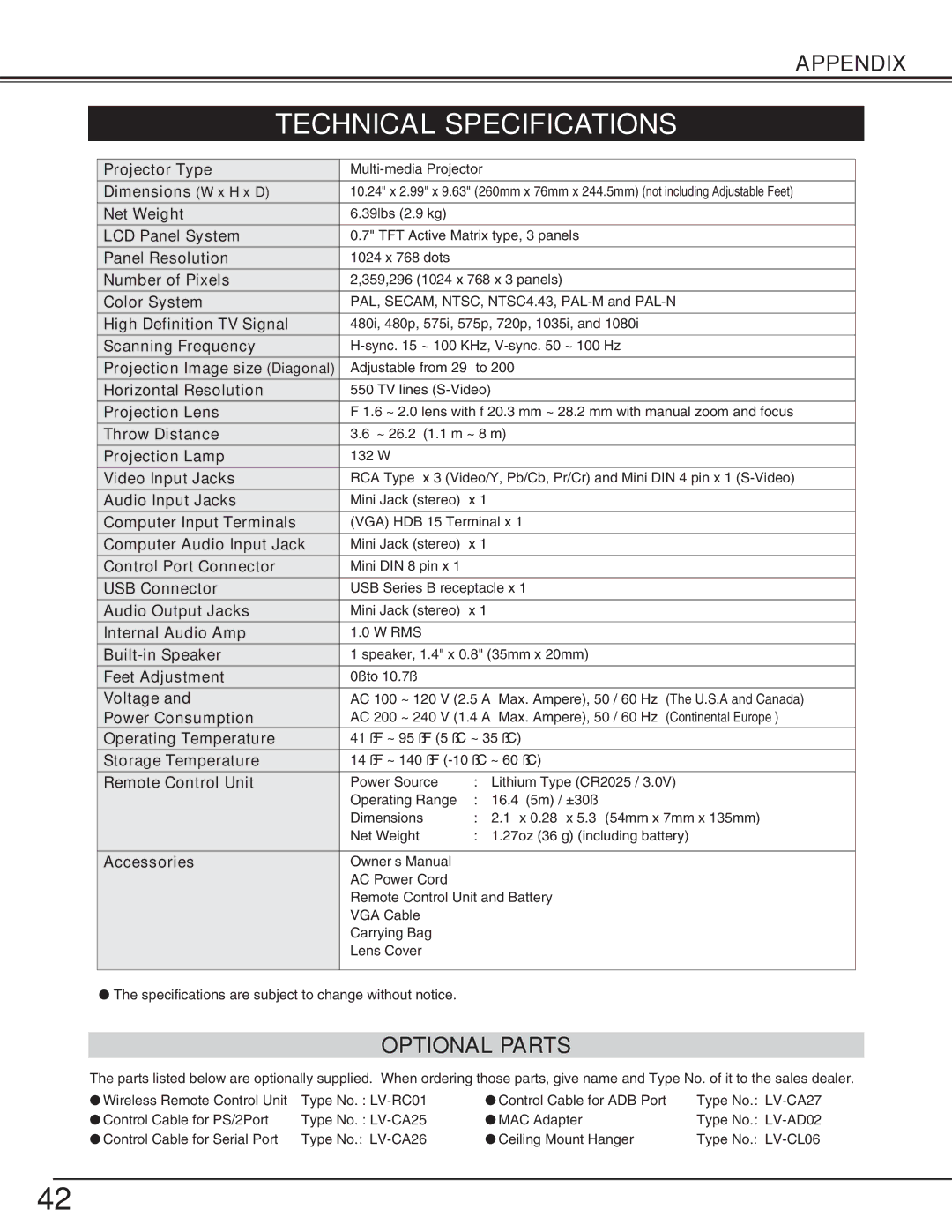 Canon LV-X2 owner manual Technical Specifications, Optional Parts 