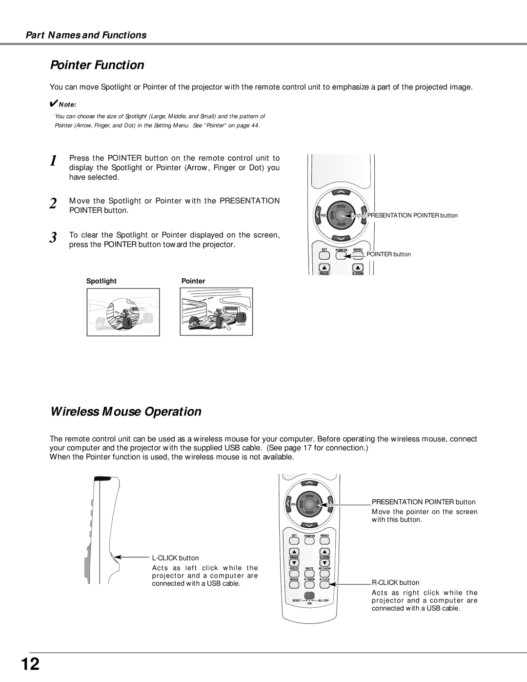 Canon LV-X4 owner manual Pointer Function, Wireless Mouse Operation 