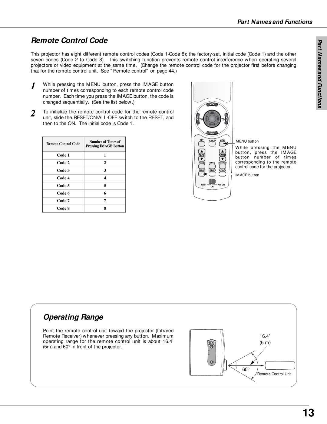 Canon LV-X4 owner manual Remote Control Code, Operating Range 