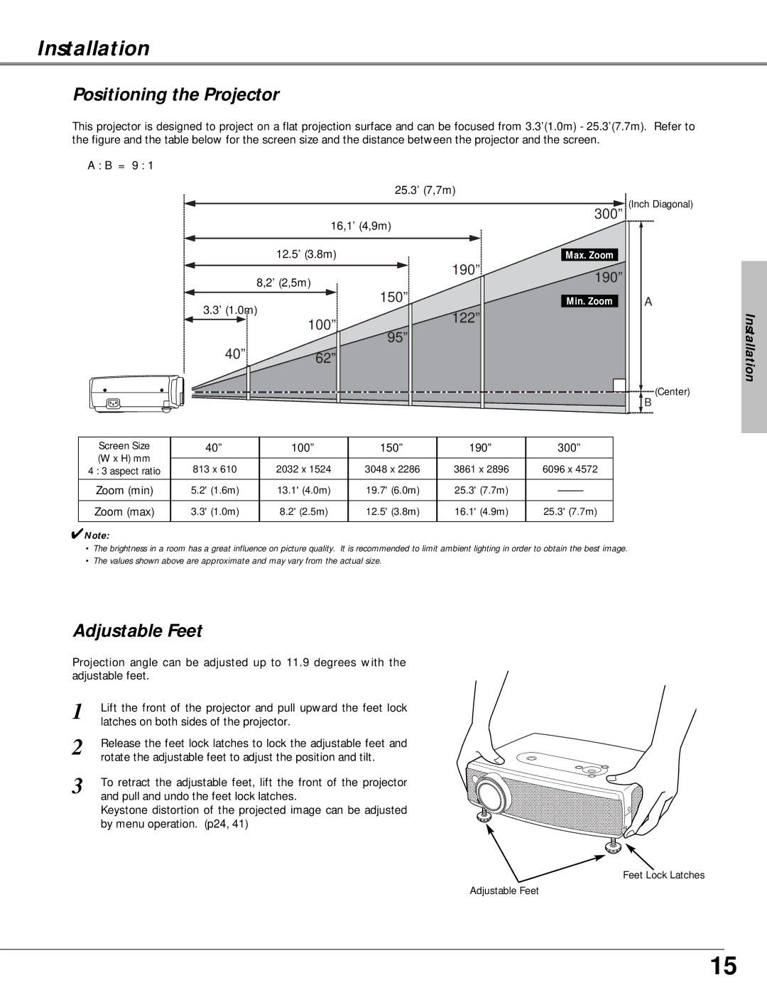 Canon LV-X4 owner manual Installation, Positioning the Projector, Adjustable Feet 