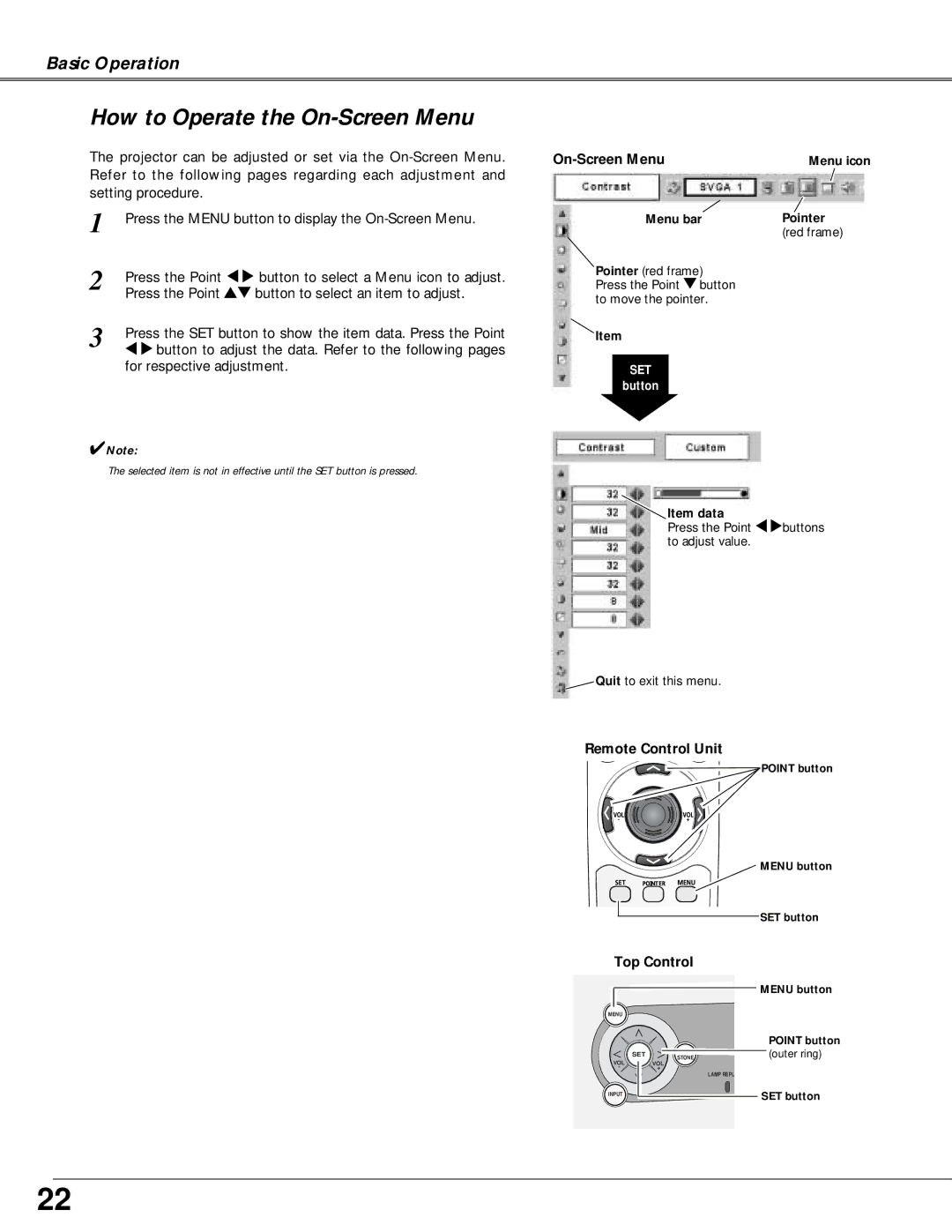 Canon LV-X4 owner manual How to Operate the On-Screen Menu, Remote Control Unit, Top Control 