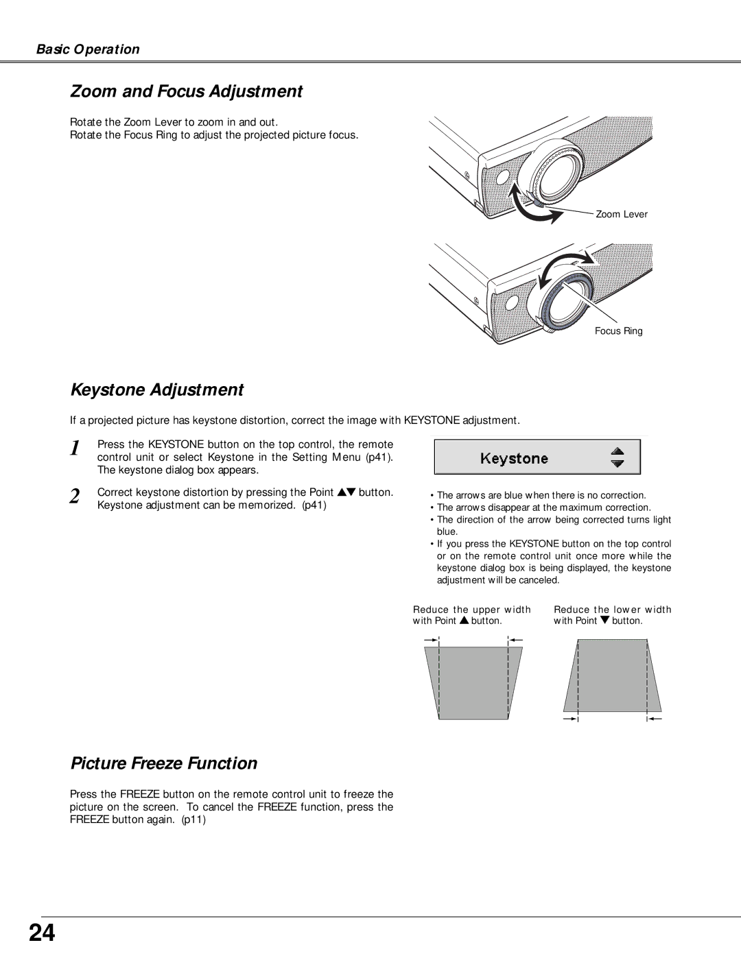 Canon LV-X4 owner manual Zoom and Focus Adjustment, Keystone Adjustment, Picture Freeze Function 