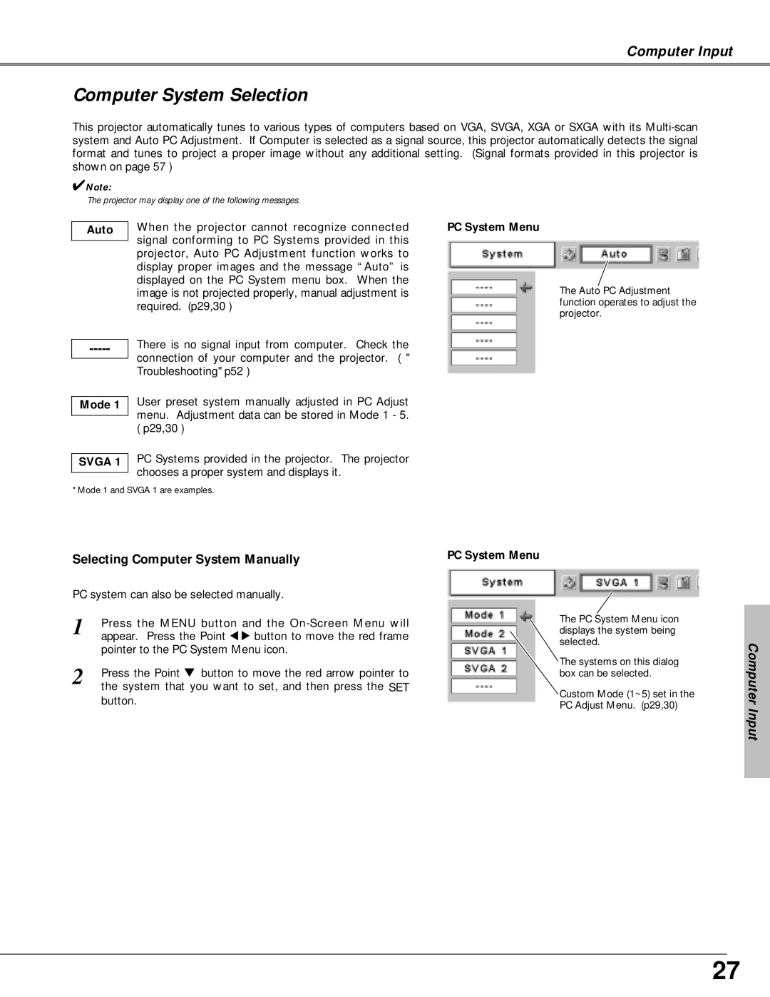 Canon LV-X4 owner manual Computer System Selection, Auto, Mode, PC System Menu 