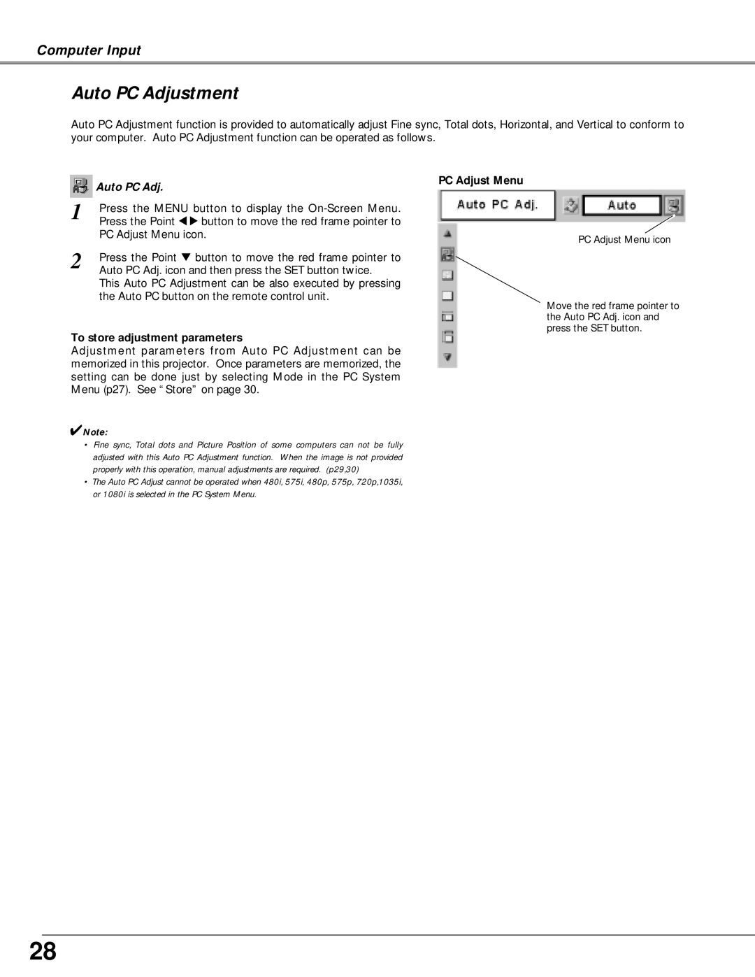 Canon LV-X4 owner manual Auto PC Adjustment, PC Adjust Menu, To store adjustment parameters 