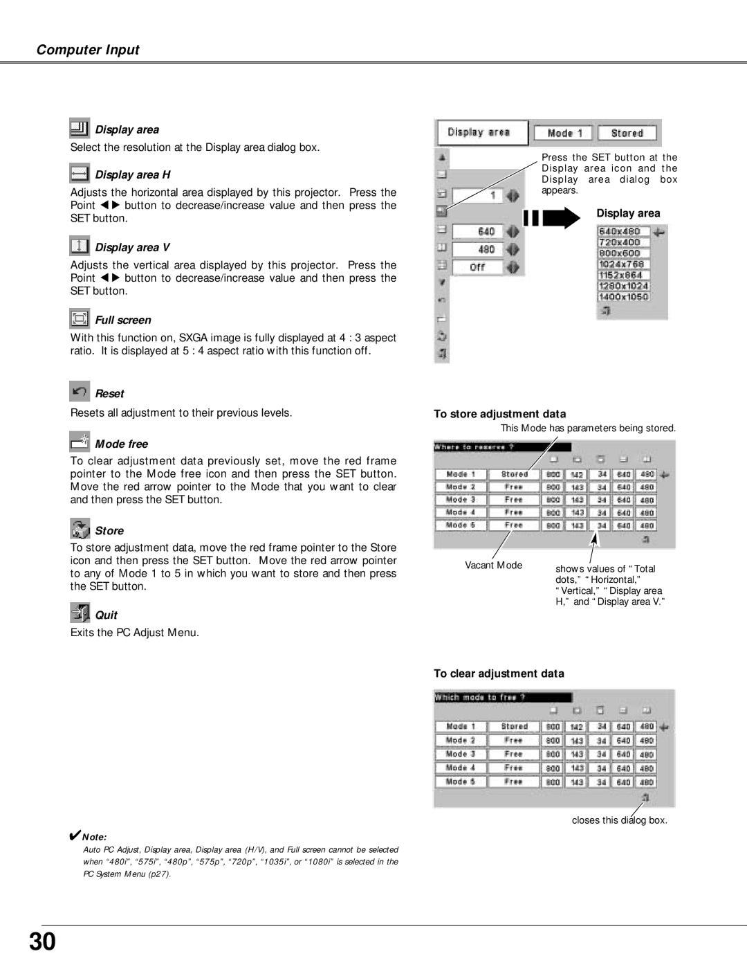 Canon LV-X4 owner manual Display area H, Full screen, Reset, Mode free, Store, Quit 