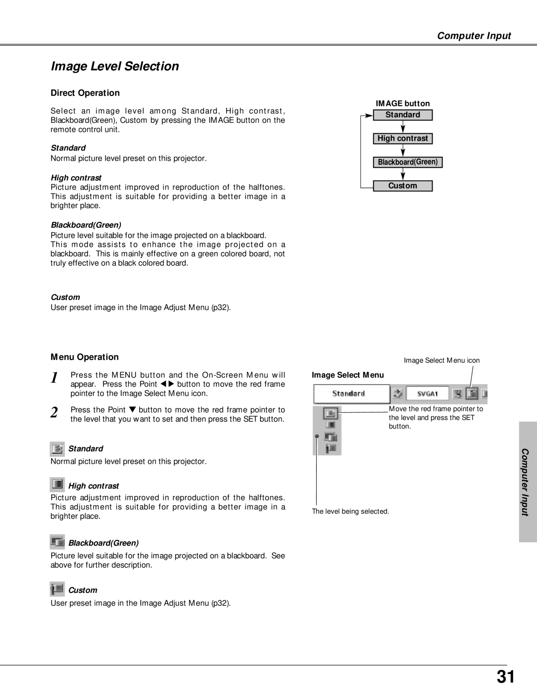 Canon LV-X4 owner manual Image Level Selection, Standard, High contrast, BlackboardGreen, Custom 