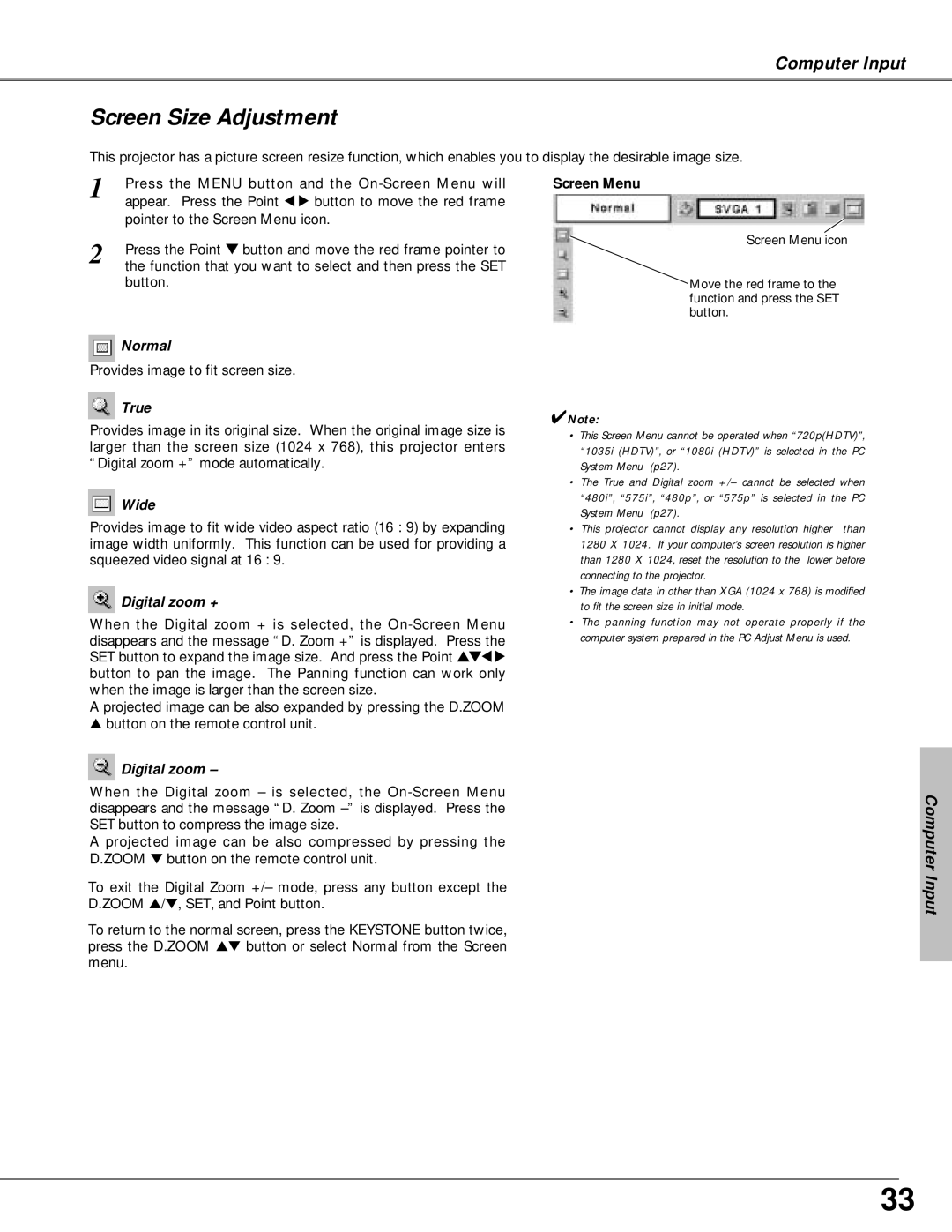 Canon LV-X4 owner manual Screen Size Adjustment 