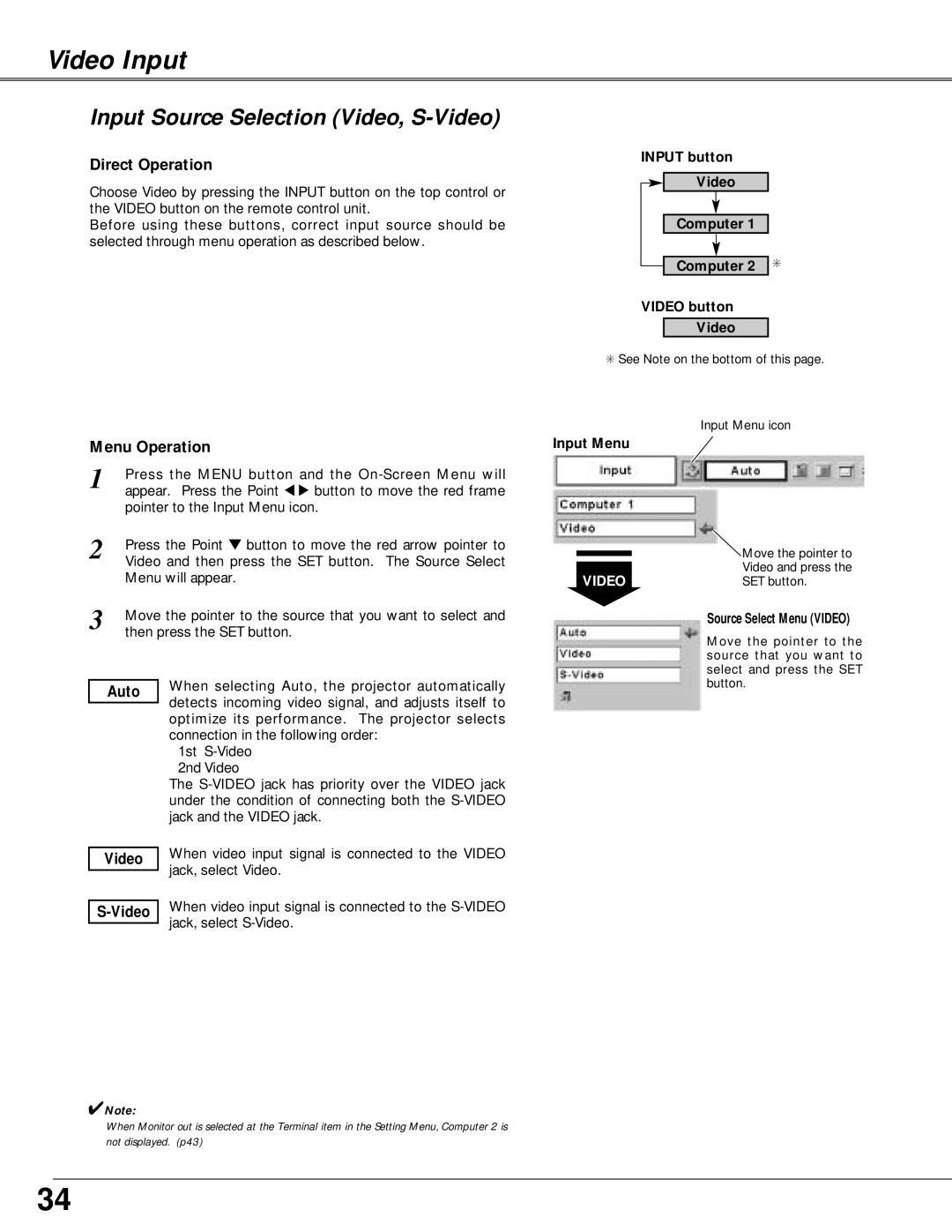 Canon LV-X4 owner manual Video Input, Input Source Selection Video, S-Video, Input button Video Computer Video button 