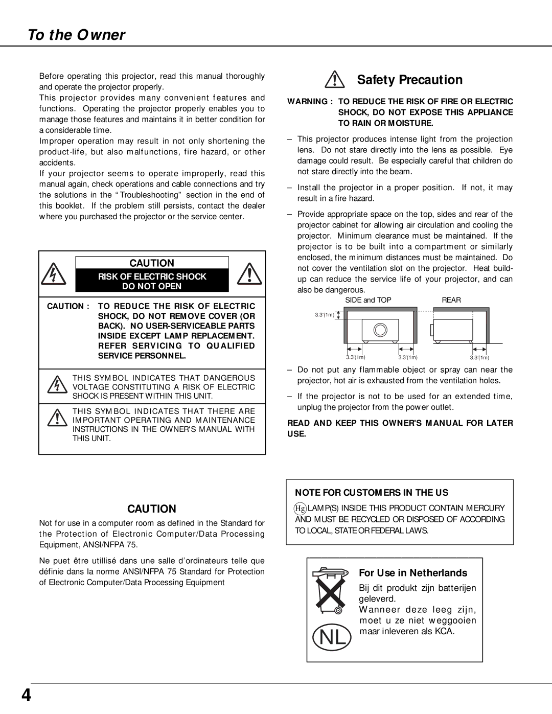 Canon LV-X4 owner manual To the Owner, Risk of Electric Shock Do not Open 