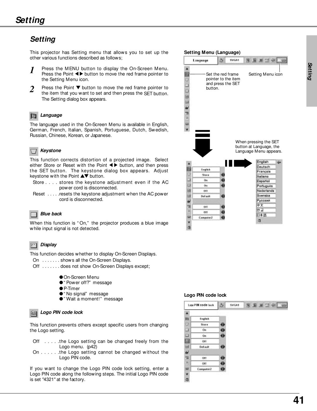 Canon LV-X4 owner manual Setting 