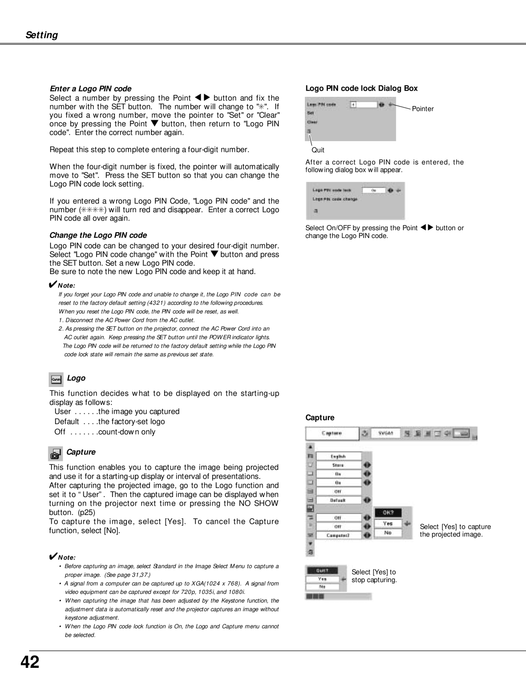 Canon LV-X4 owner manual Enter a Logo PIN code, Change the Logo PIN code, Capture 