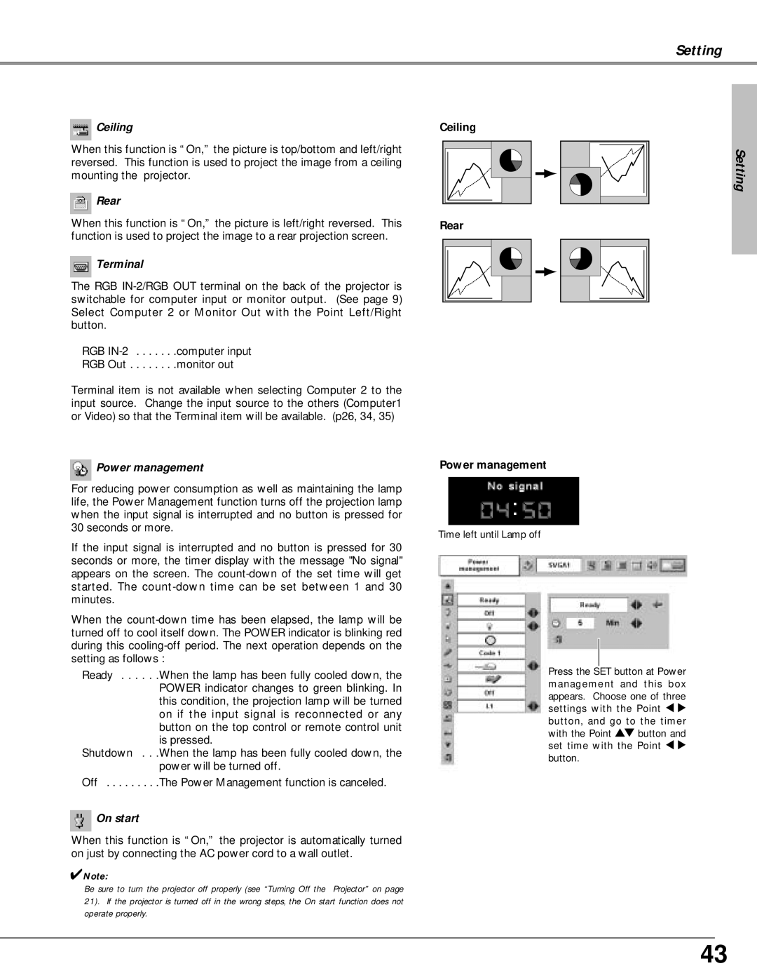 Canon LV-X4 owner manual Ceiling, Rear, Terminal, Power management, On start 