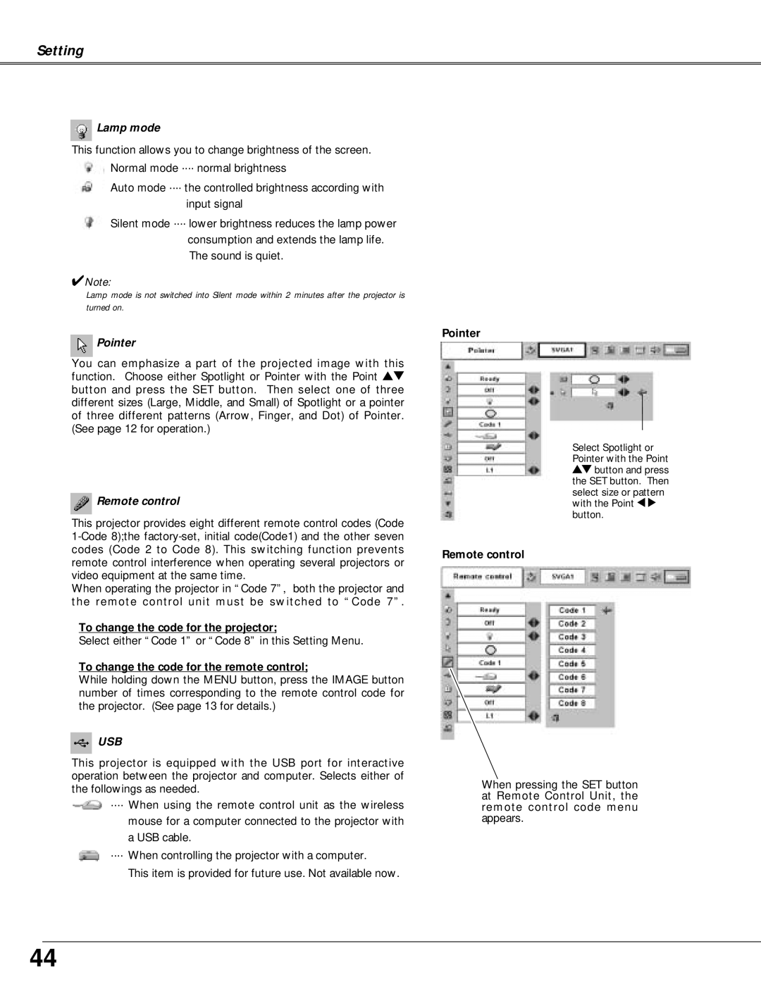 Canon LV-X4 owner manual Lamp mode, Pointer, Remote control 