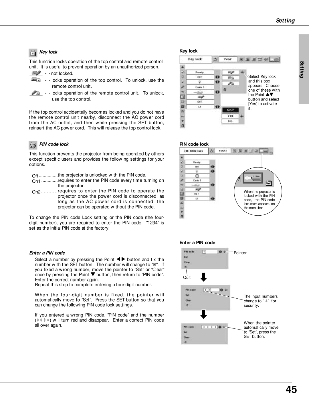 Canon LV-X4 owner manual Key lock, PIN code lock, Enter a PIN code 