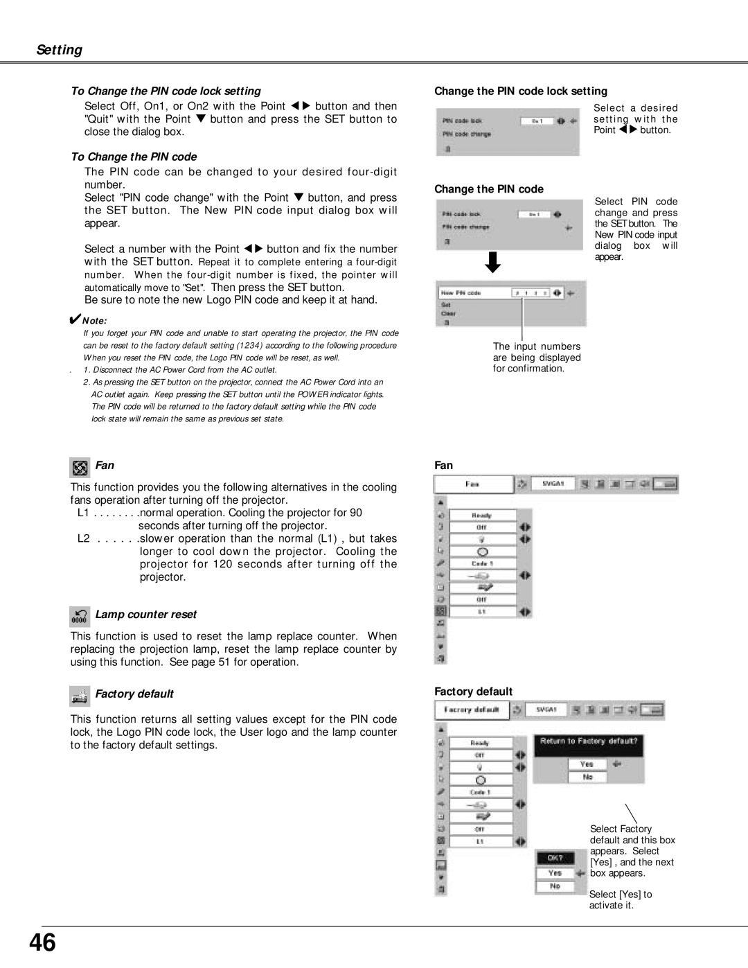 Canon LV-X4 owner manual To Change the PIN code lock setting, Fan, Lamp counter reset, Factory default 