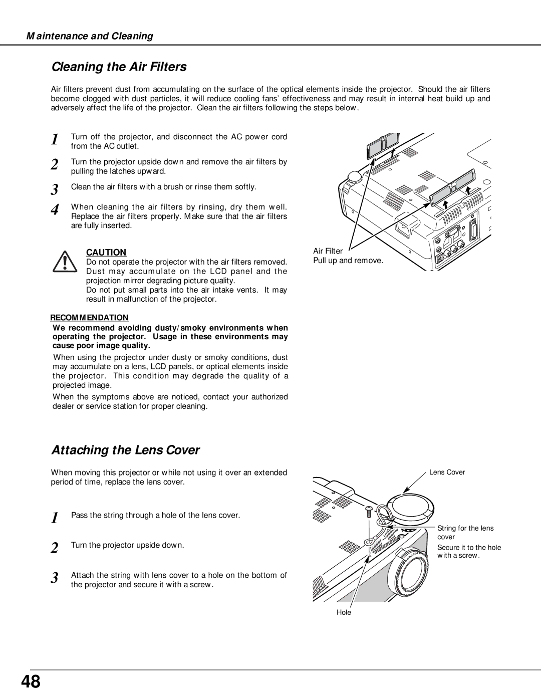 Canon LV-X4 owner manual Cleaning the Air Filters, Attaching the Lens Cover 