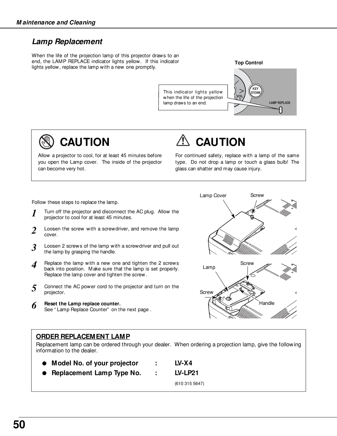 Canon LV-X4 owner manual Lamp Replacement, Reset the Lamp replace counter 