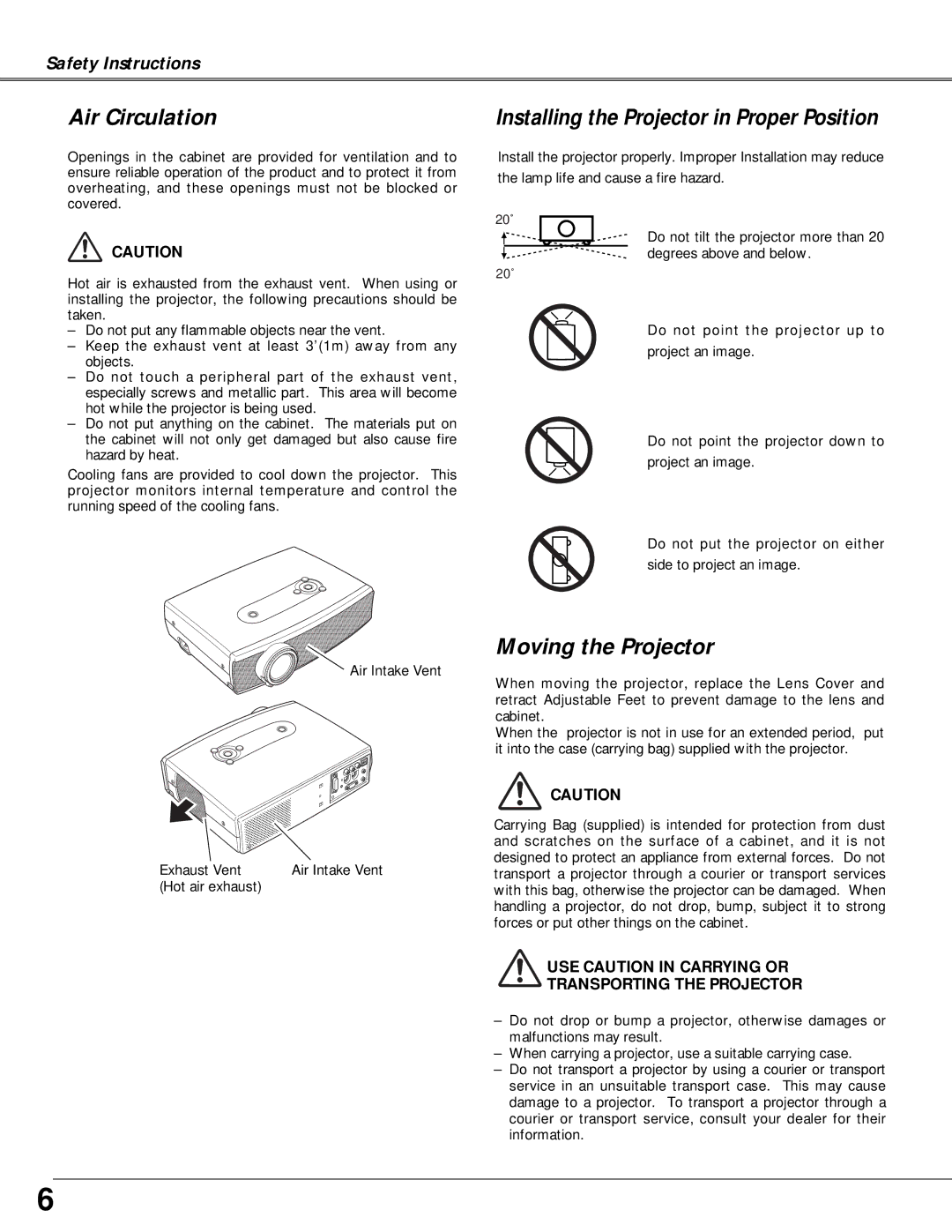 Canon LV-X4 owner manual Air Circulation, Installing the Projector in Proper Position, Moving the Projector 