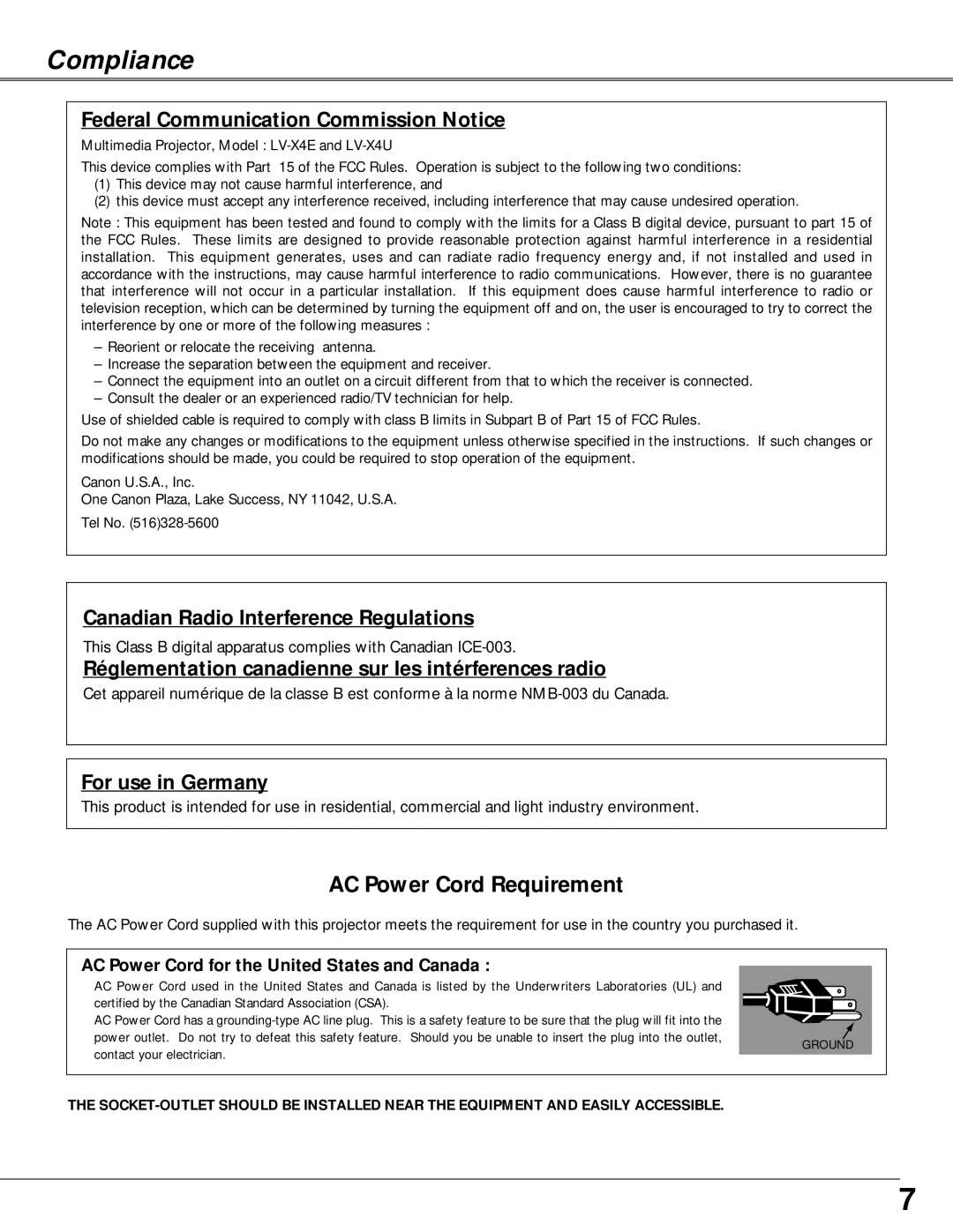 Canon LV-X4 owner manual Compliance, Federal Communication Commission Notice 