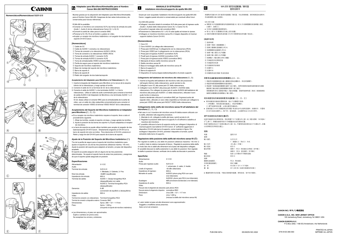 Canon specifications Nomenclatura/Nomenclatura/ 各部件名称, Canon MA-200 Instrucciones, Especificaciones, Specifiche 