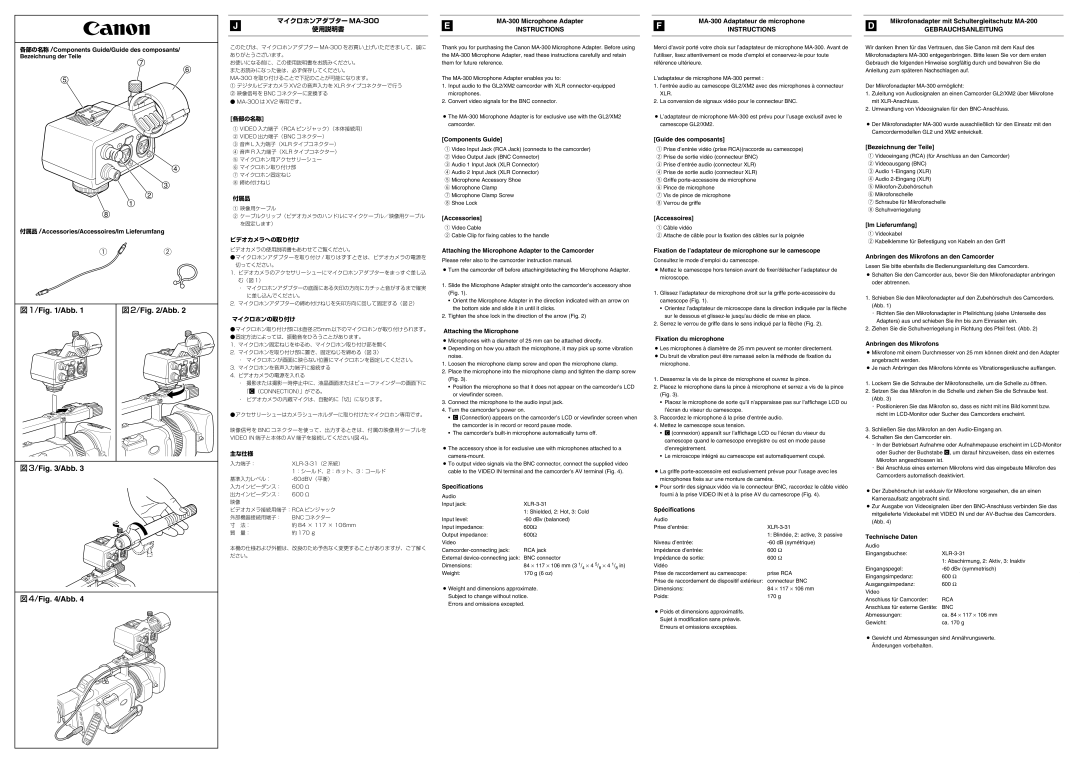 Canon MA-300 specifications 各部の名称 /Components Guide/Guide des composants, 付属品 /Accessories/Accessoires/Im Lieferumfang 