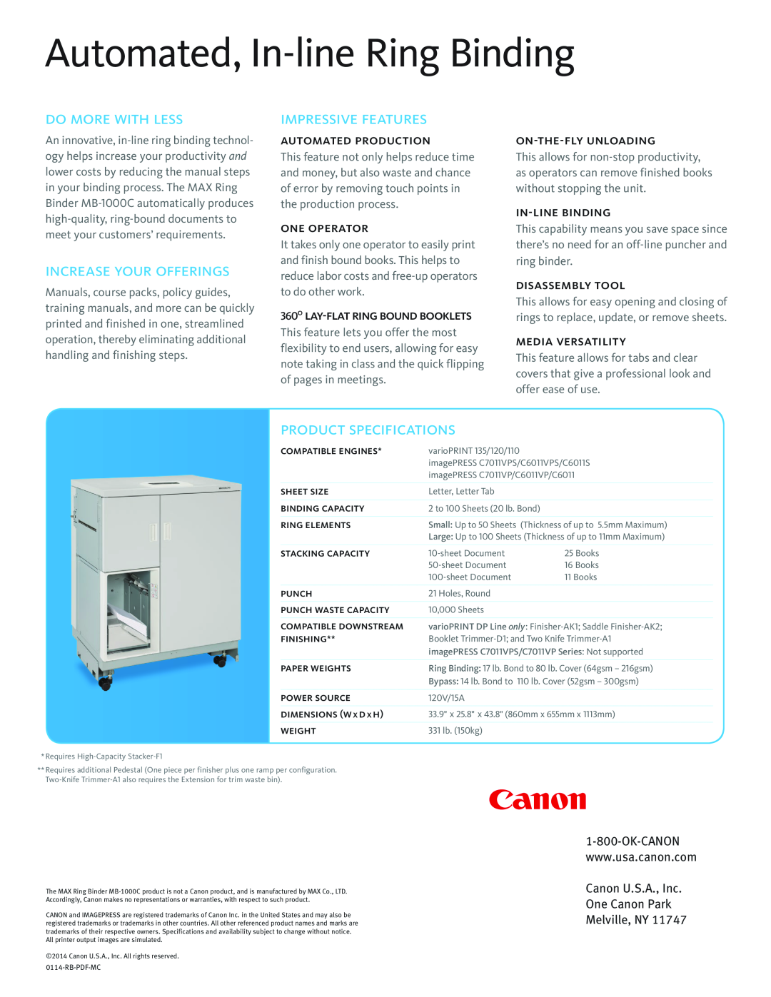 Canon MB-1000C manual Automated, In-lineRing Binding, Do More With Less, Increase Your Offerings, Impressive Features 