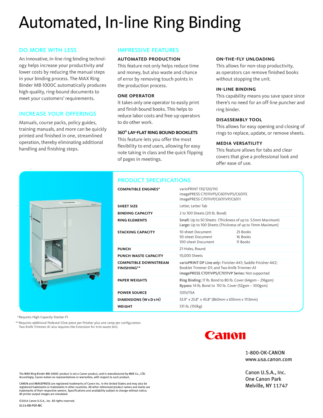 Canon MB-1000C manual Do More with Less, Increase Your Offerings, Impressive Features, Product Specifications 