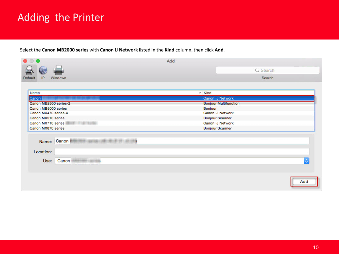 Canon MB2020 manual Adding the Printer 