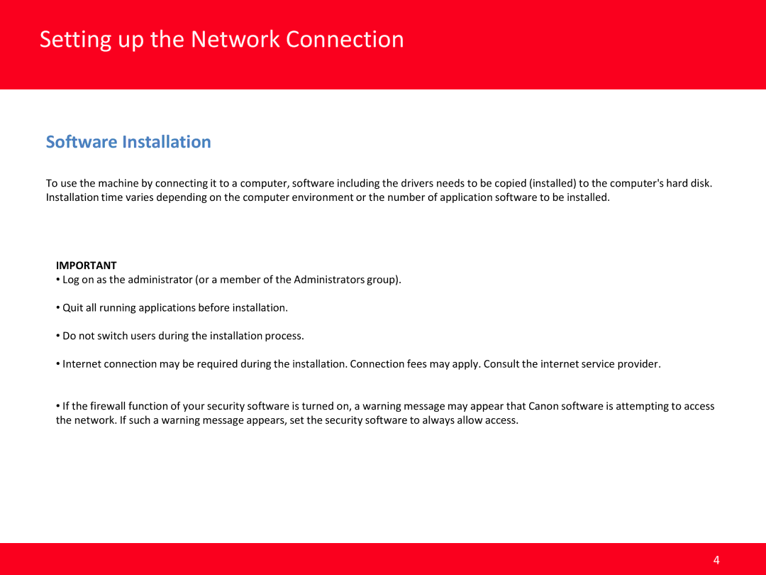 Canon MB2020 manual Setting up the Network Connection, Software Installation 