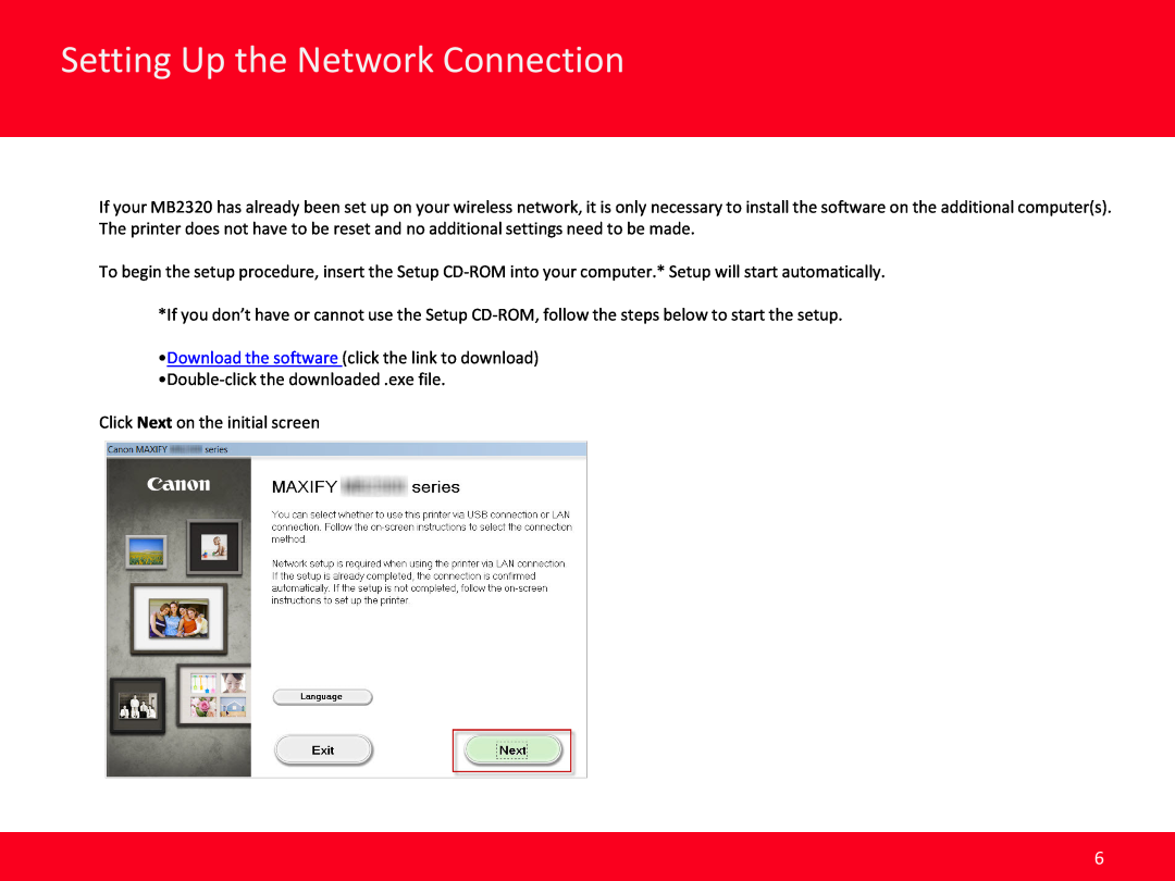 Canon MB2320 manual Setting Up the Network Connection, Click Next on the initial screen 