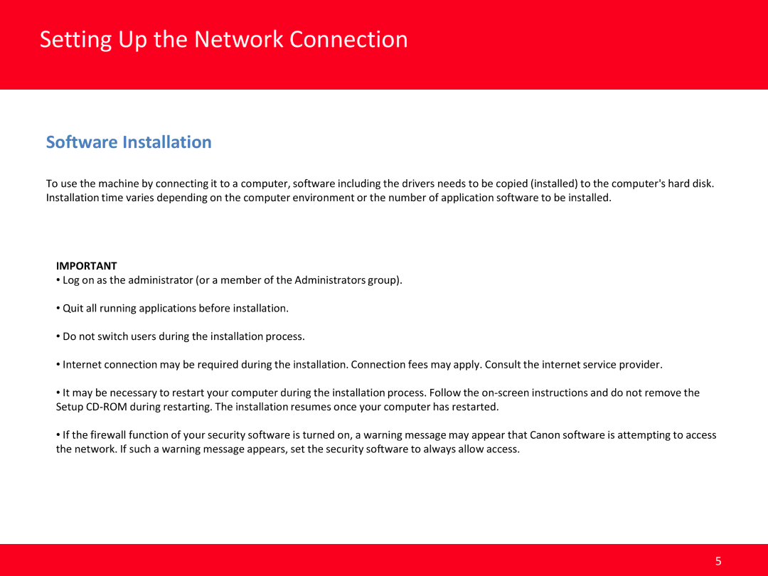 Canon MB2320 manual Setting Up the Network Connection, Software Installation 