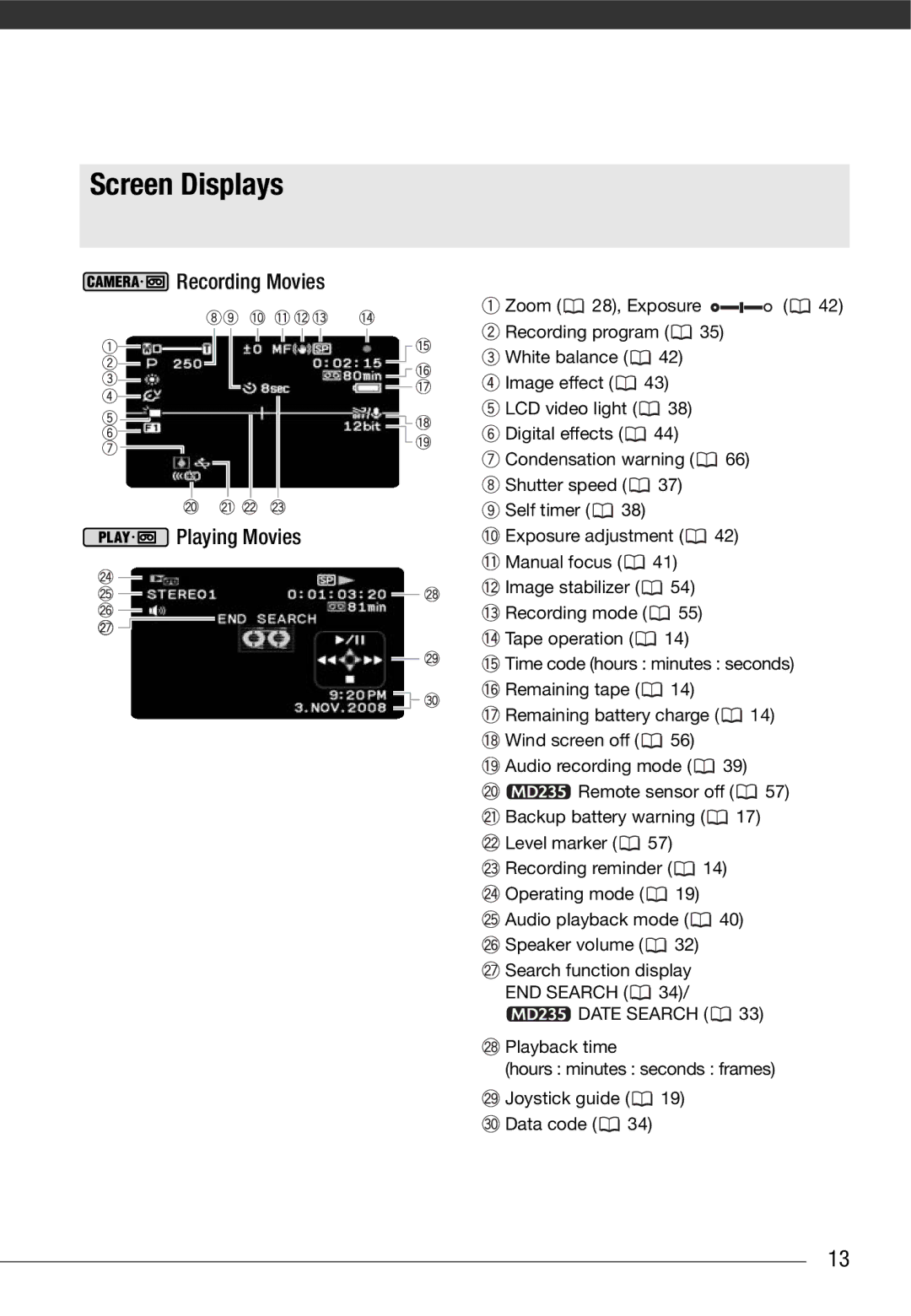 Canon MD 205 instruction manual Screen Displays, Recording Movies, Playing Movies 