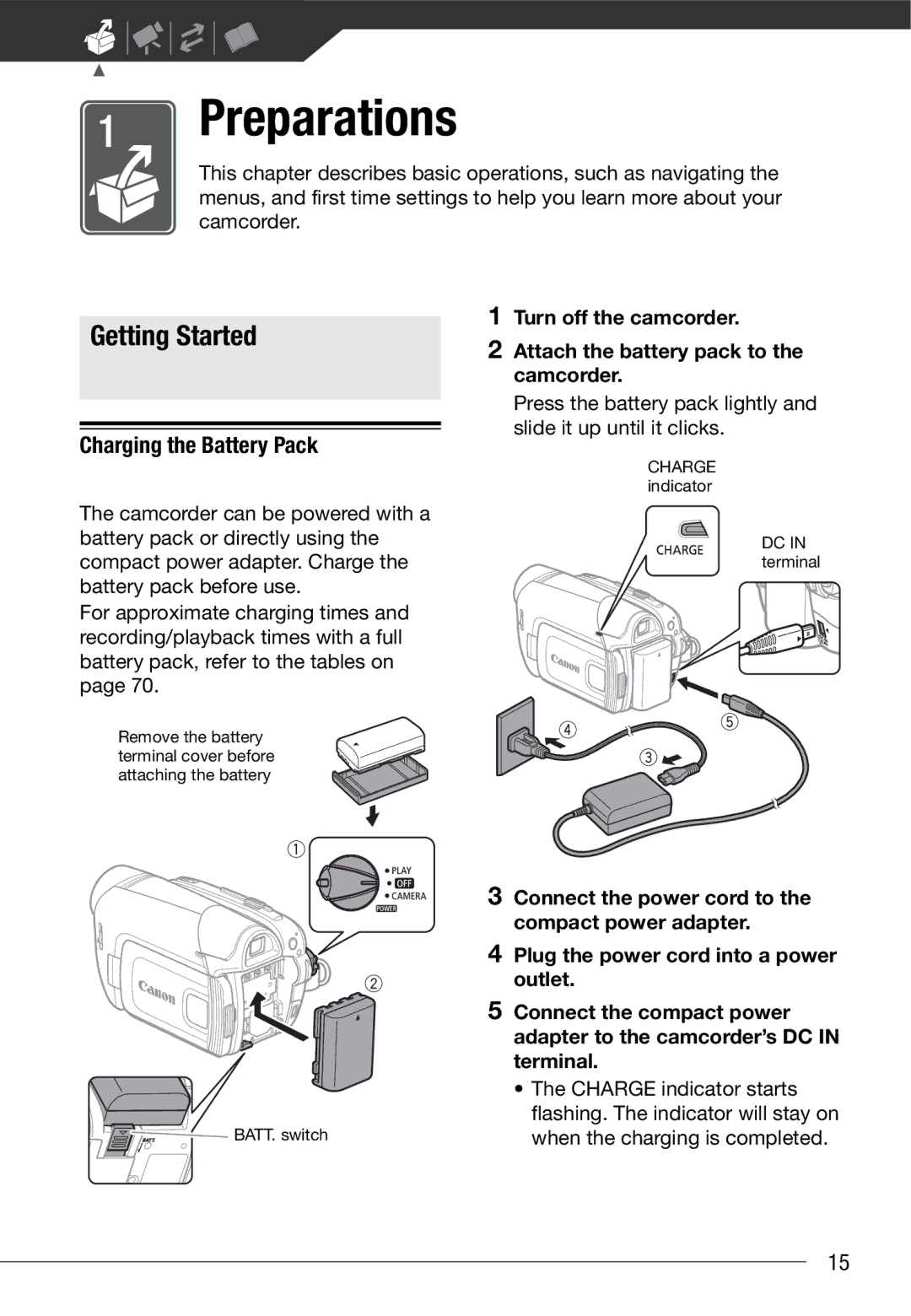 Canon MD 205 instruction manual Getting Started, Charging the Battery Pack 