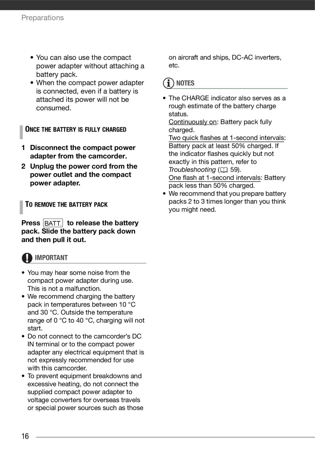 Canon MD 205 instruction manual Once the Battery is Fully Charged, Disconnect the compact power adapter from the camcorder 