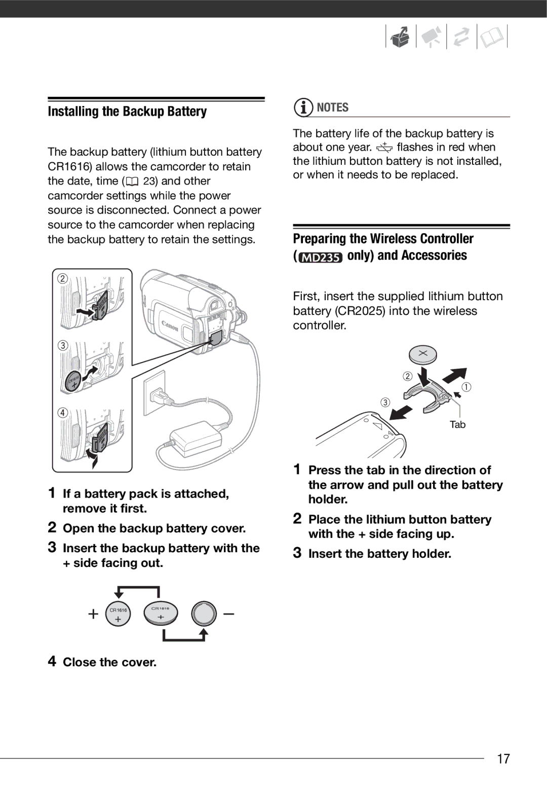 Canon MD 205 instruction manual Installing the Backup Battery, Preparing the Wireless Controller Only and Accessories 