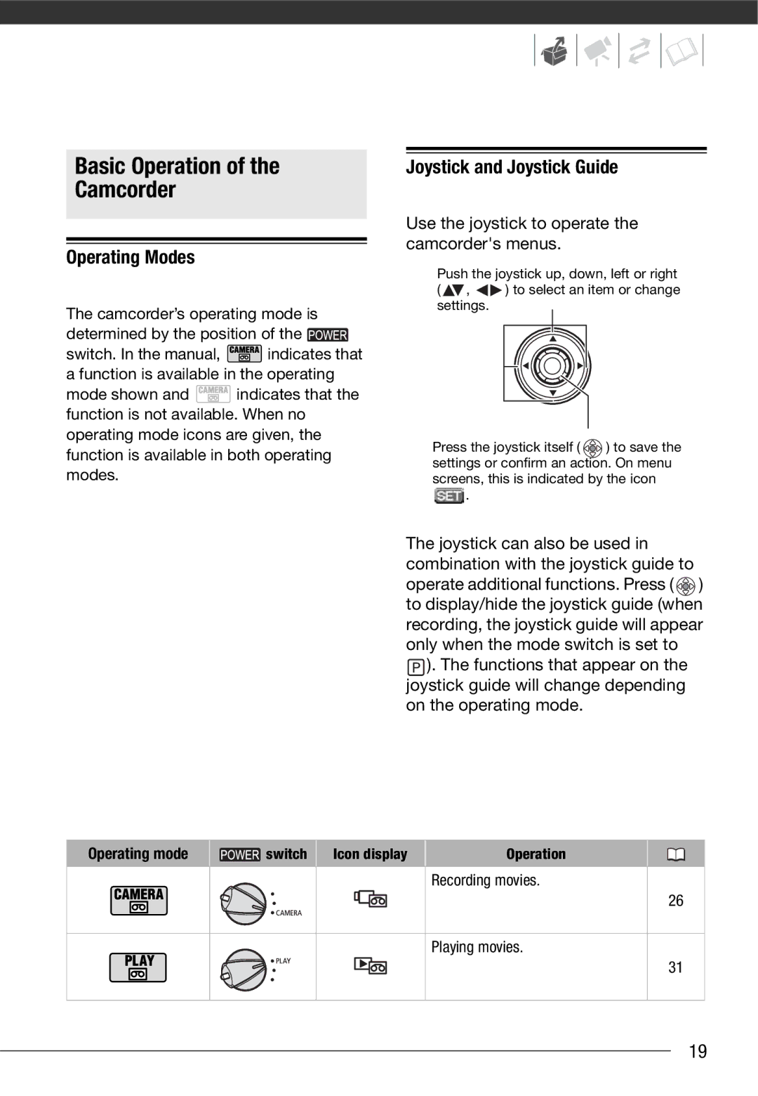 Canon MD 205 instruction manual Basic Operation Camcorder, Operating Modes, Joystick and Joystick Guide, Operating mode 