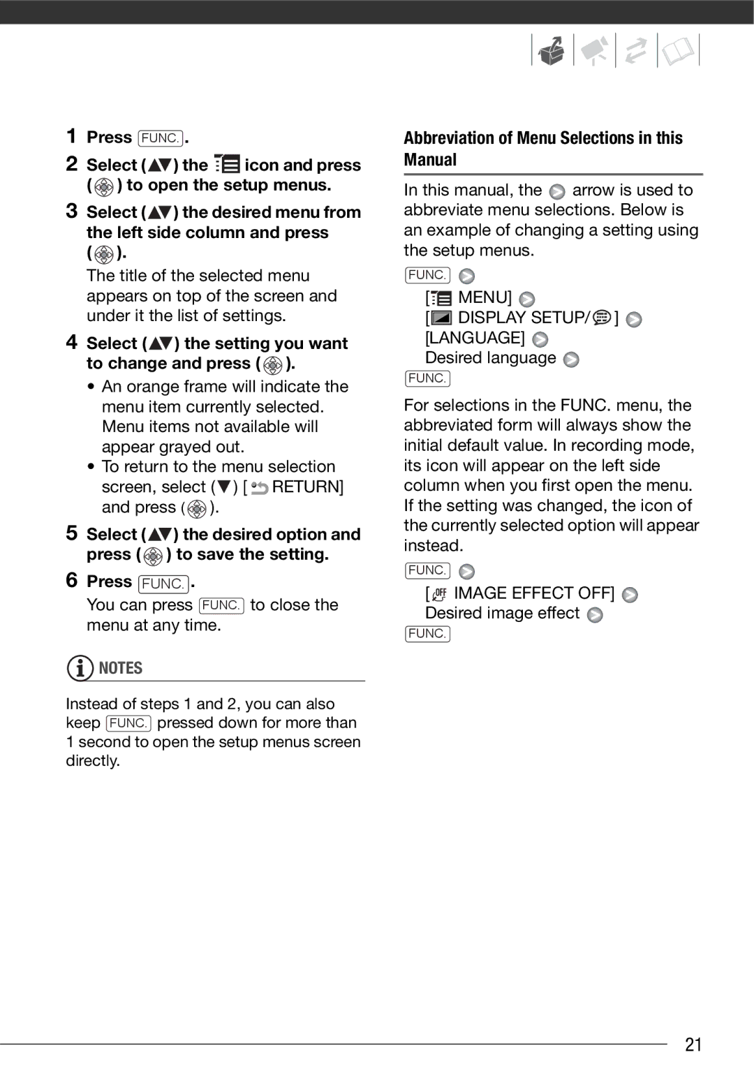 Canon MD 205 instruction manual Abbreviation of Menu Selections in this Manual, Display SETUP/ Language, Desired language 