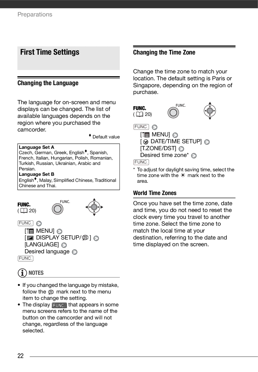 Canon MD 205 instruction manual First Time Settings, Changing the Language, Changing the Time Zone, World Time Zones 