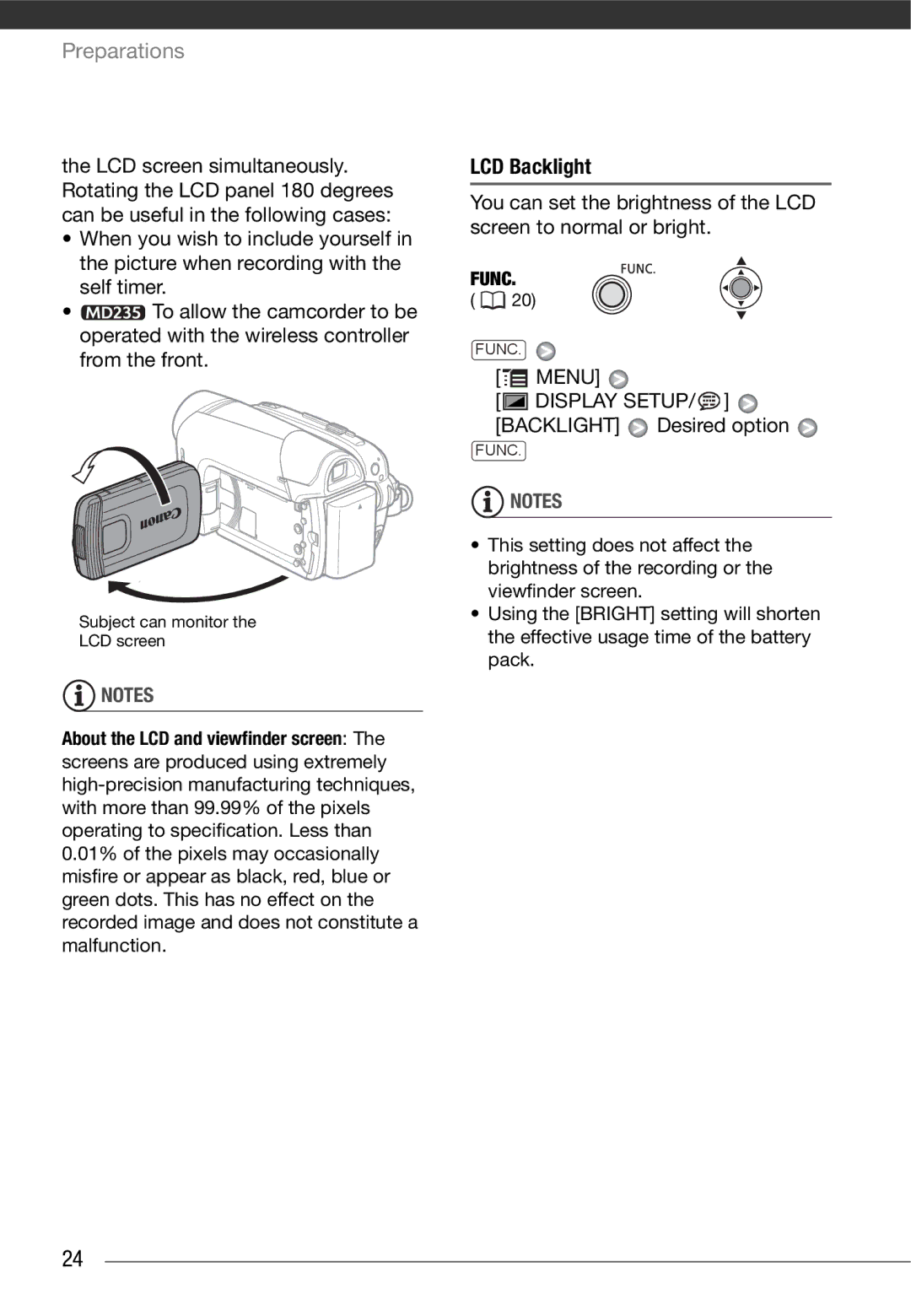 Canon MD 205 instruction manual LCD Backlight, Menu Display Setup Backlight Desired option 