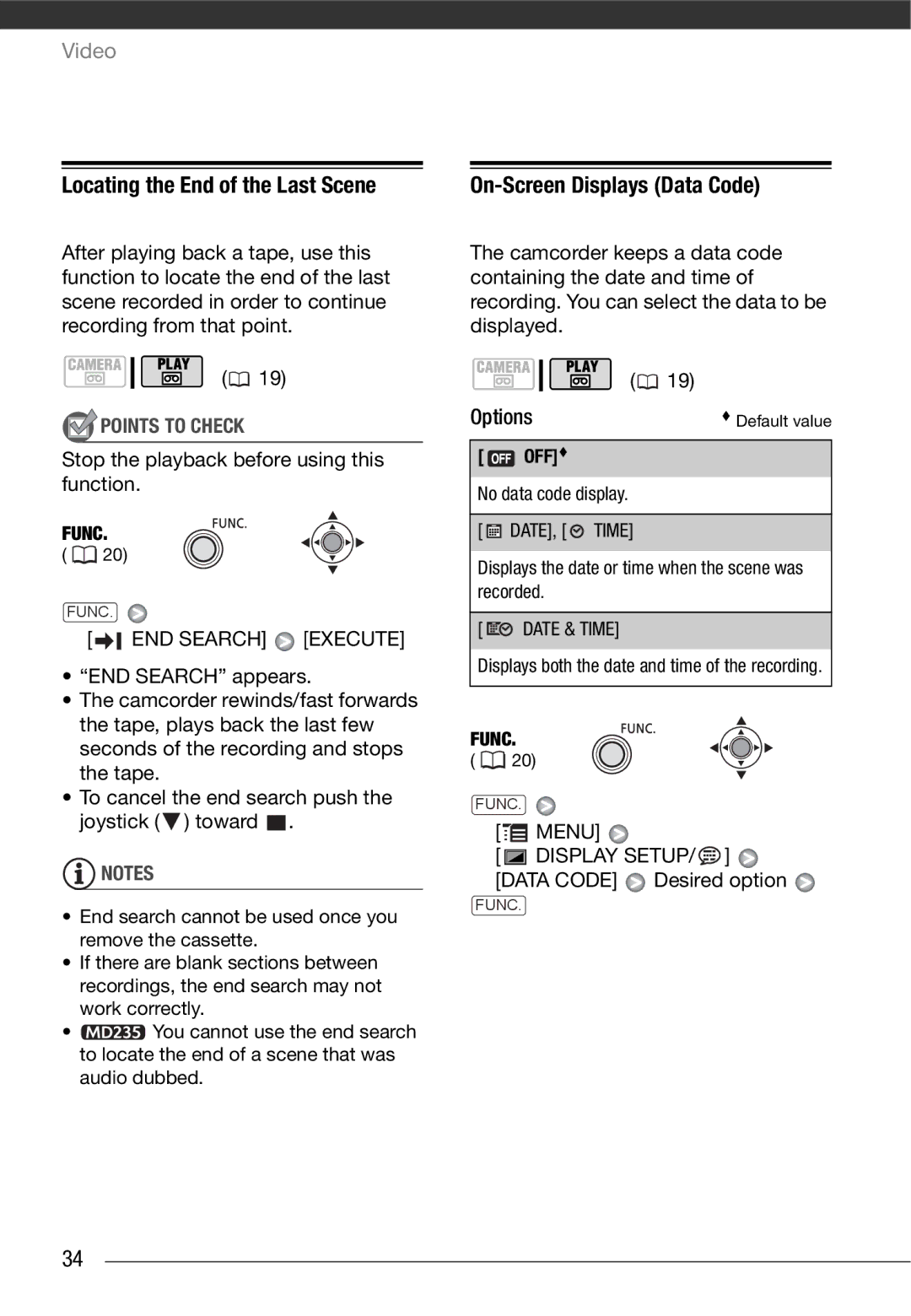 Canon MD 205 Locating the End of the Last Scene, On-Screen Displays Data Code, END Search Execute, Display Setup 