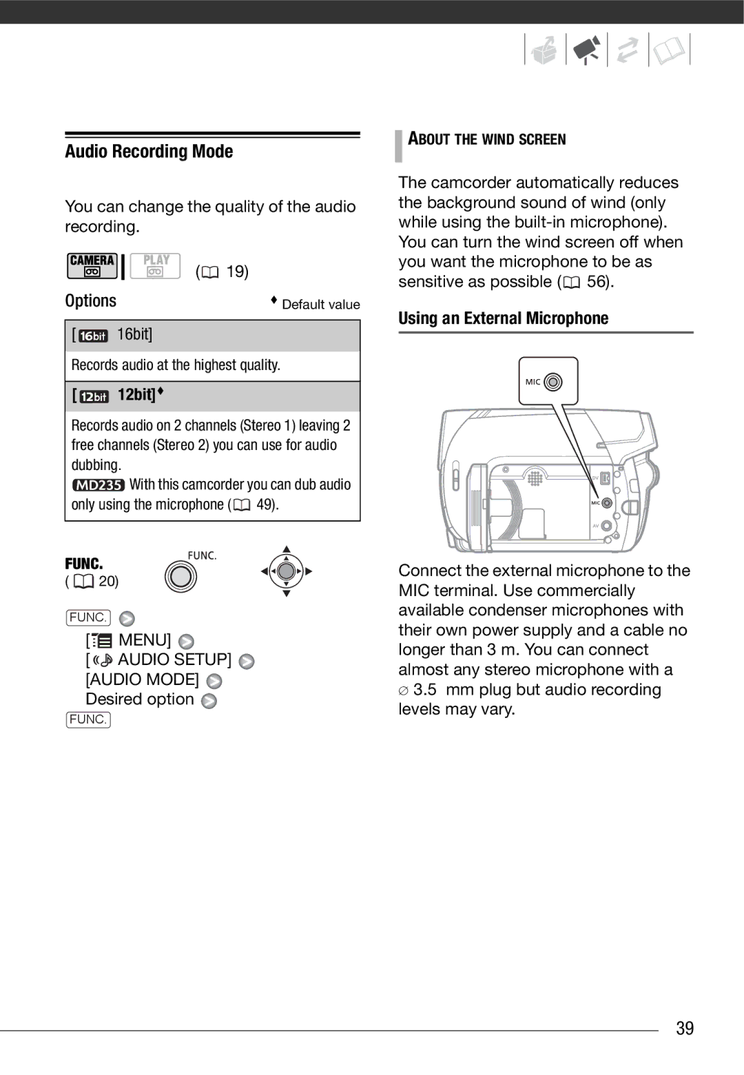 Canon MD 205 instruction manual Audio Recording Mode, 12bit, Using an External Microphone 