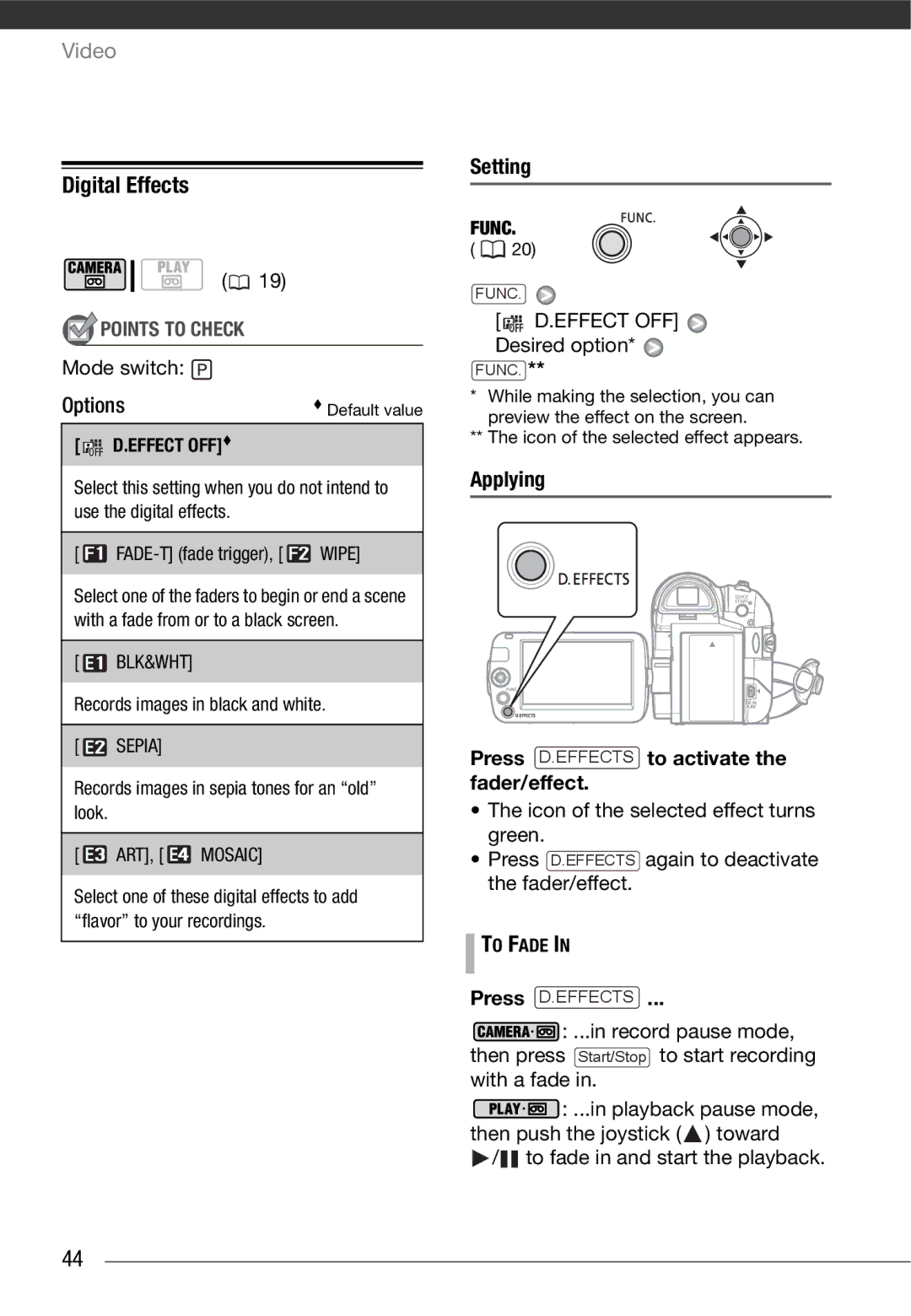 Canon MD 205 instruction manual Digital Effects, Mode switch Options, Setting, Effect OFF Desired option 