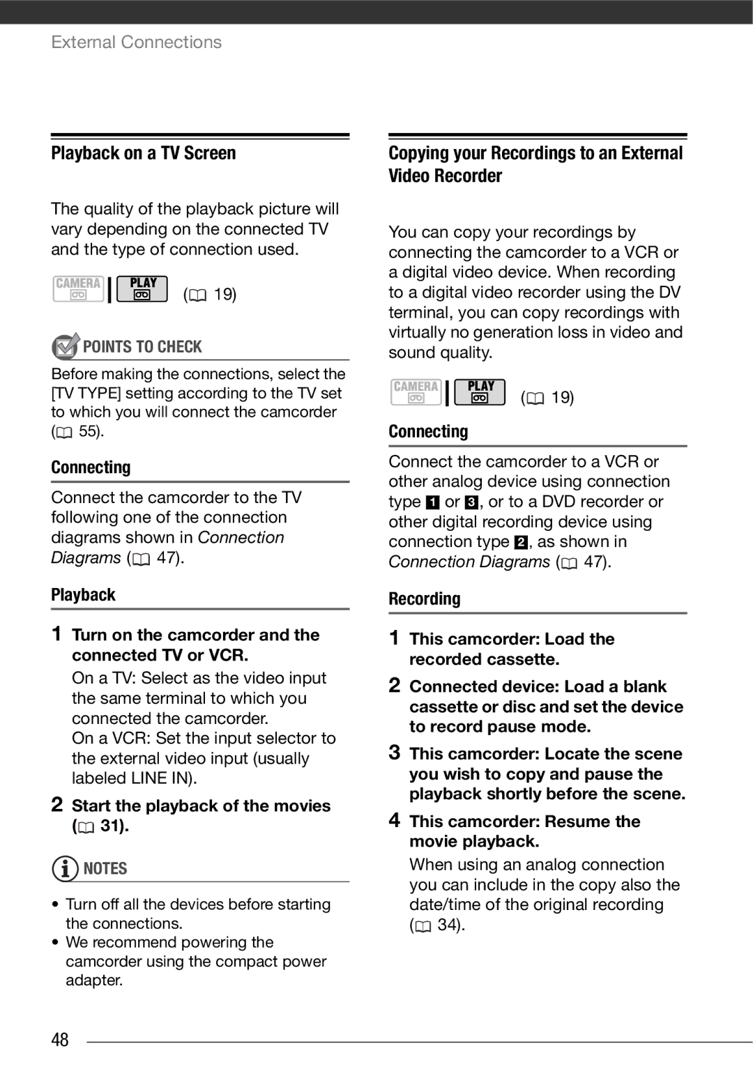 Canon MD 205 instruction manual Playback on a TV Screen, Copying your Recordings to an External Video Recorder 