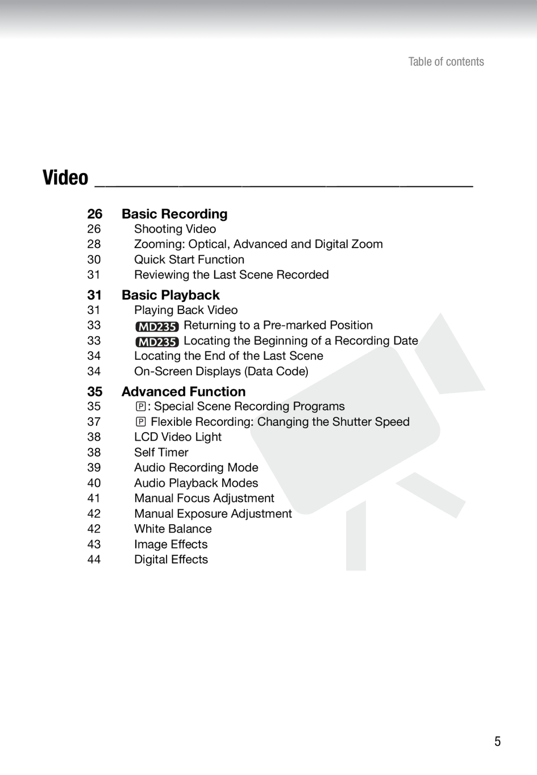 Canon MD 205 instruction manual Basic Recording, Basic Playback, Advanced Function, Special Scene Recording Programs 