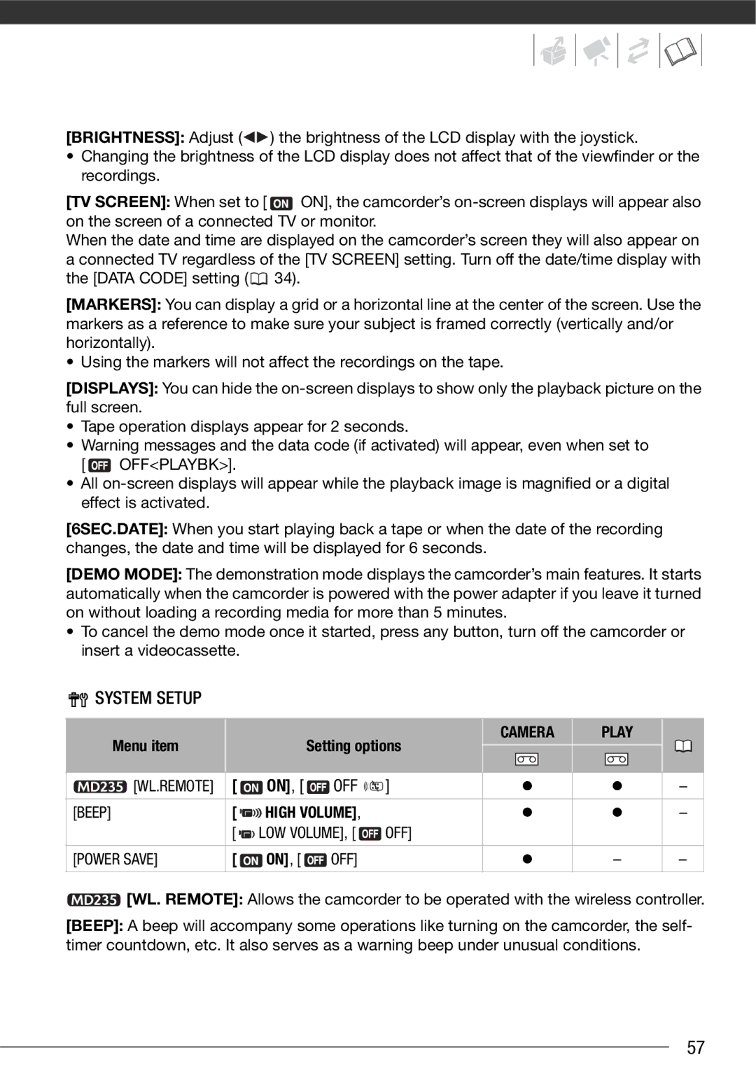 Canon MD 205 instruction manual System Setup, Offplaybk, Beep, OFF Power Save 