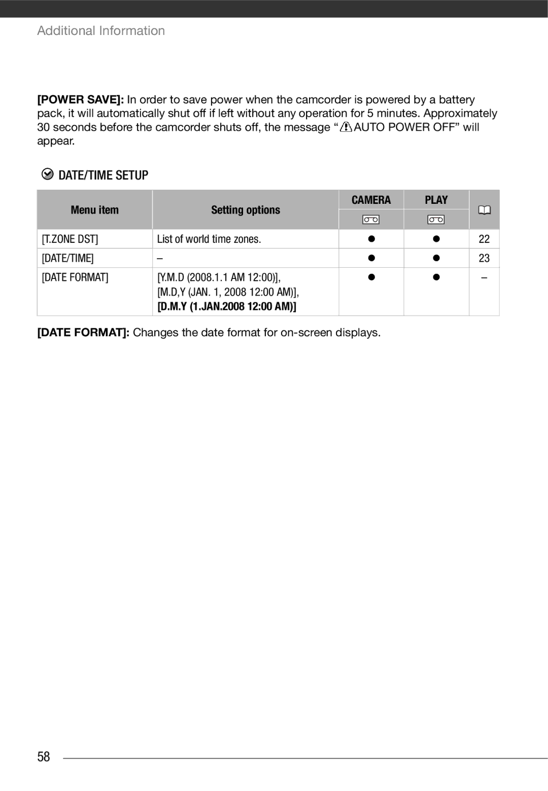 Canon MD 205 instruction manual DATE/TIME Setup, Zone DST, DATE/TIME Date Format, Y 1.JAN.2008 1200 AM 