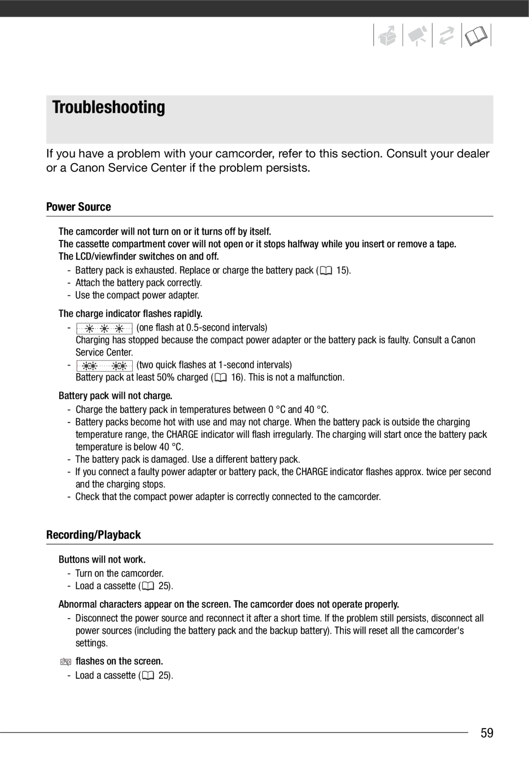 Canon MD 205 instruction manual Troubleshooting, Power Source, Recording/Playback 