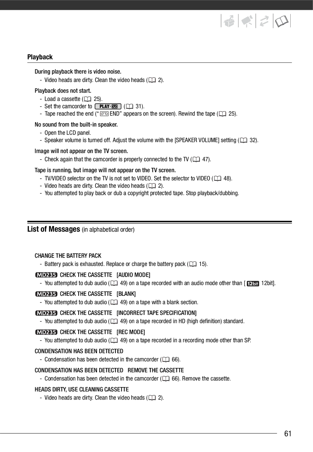 Canon MD 205 instruction manual Playback, List of Messages in alphabetical order 