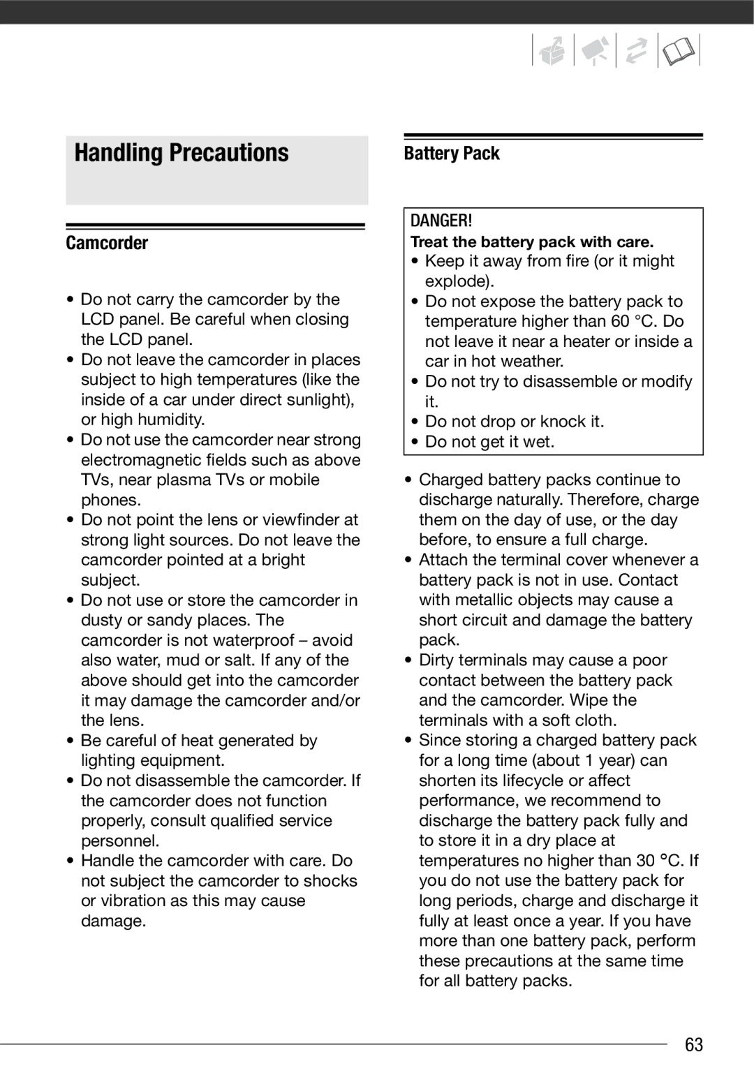 Canon MD 205 instruction manual Handling Precautions, Camcorder, Battery Pack, Treat the battery pack with care 